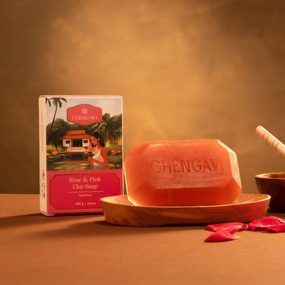 Chengavi Rose & Pink Clay Soap with packaging on a warm-toned background
